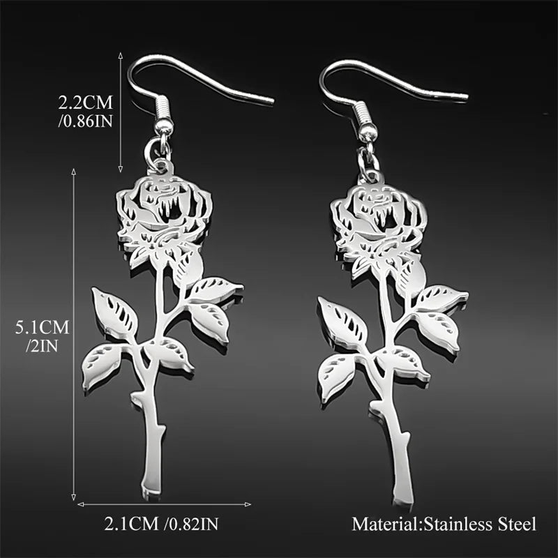 Gothic Rose Flower Long Hoop Earrings For Women Men Stainless Steel Black Silver Color Plant Earring Couple Jewelry Gift