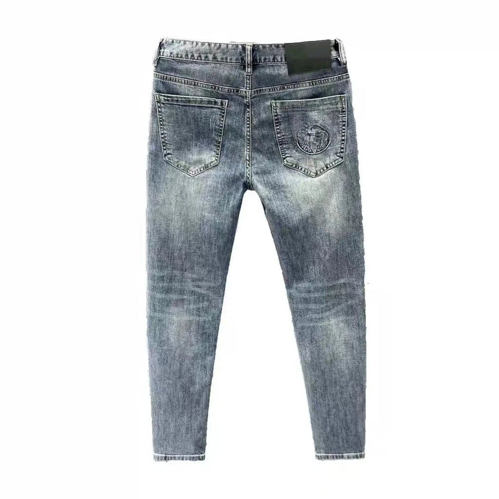 Korean Climate Lot Pants Light Luxury Trendy Brand Embossed Blue Jeans Men's  Handsome Slim-fit Small Feet Elastic Trousers New