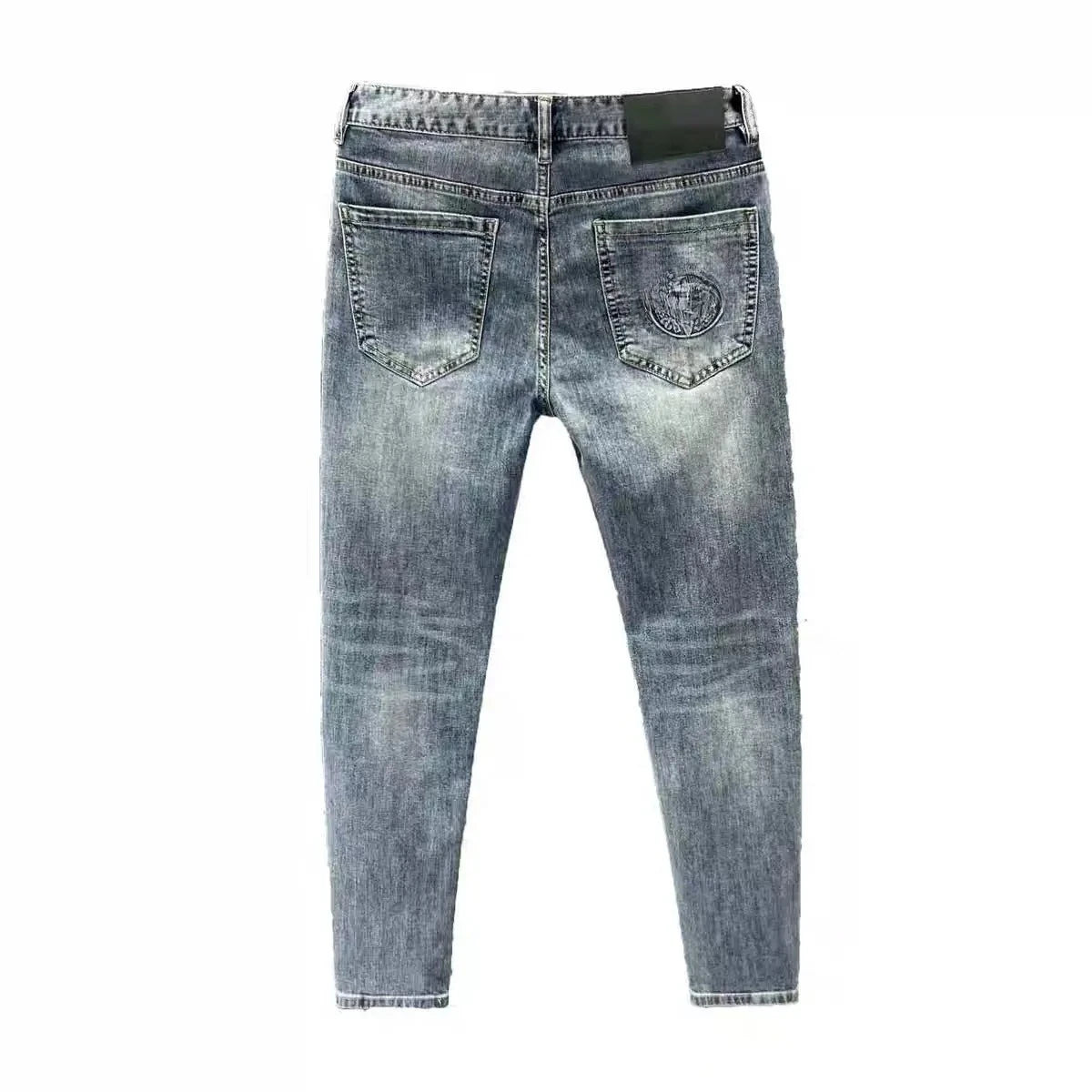 Korean Climate Lot Pants Light Luxury Trendy Brand Embossed Blue Jeans Men's  Handsome Slim-fit Small Feet Elastic Trousers New