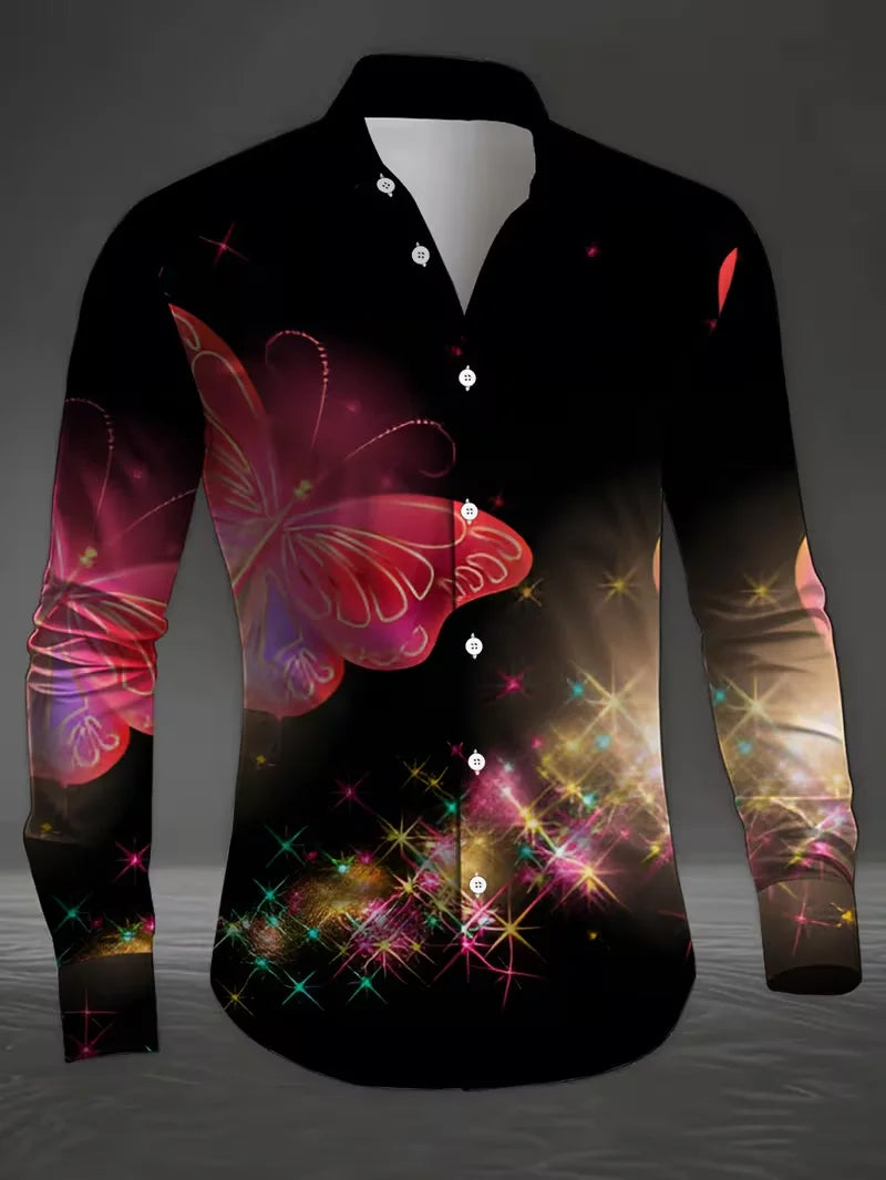 New Men's White Rose Pattern 3D Printed Shirt, High-Quality Casual and Fashionable Long Sleeved Shirt, Lapel Top