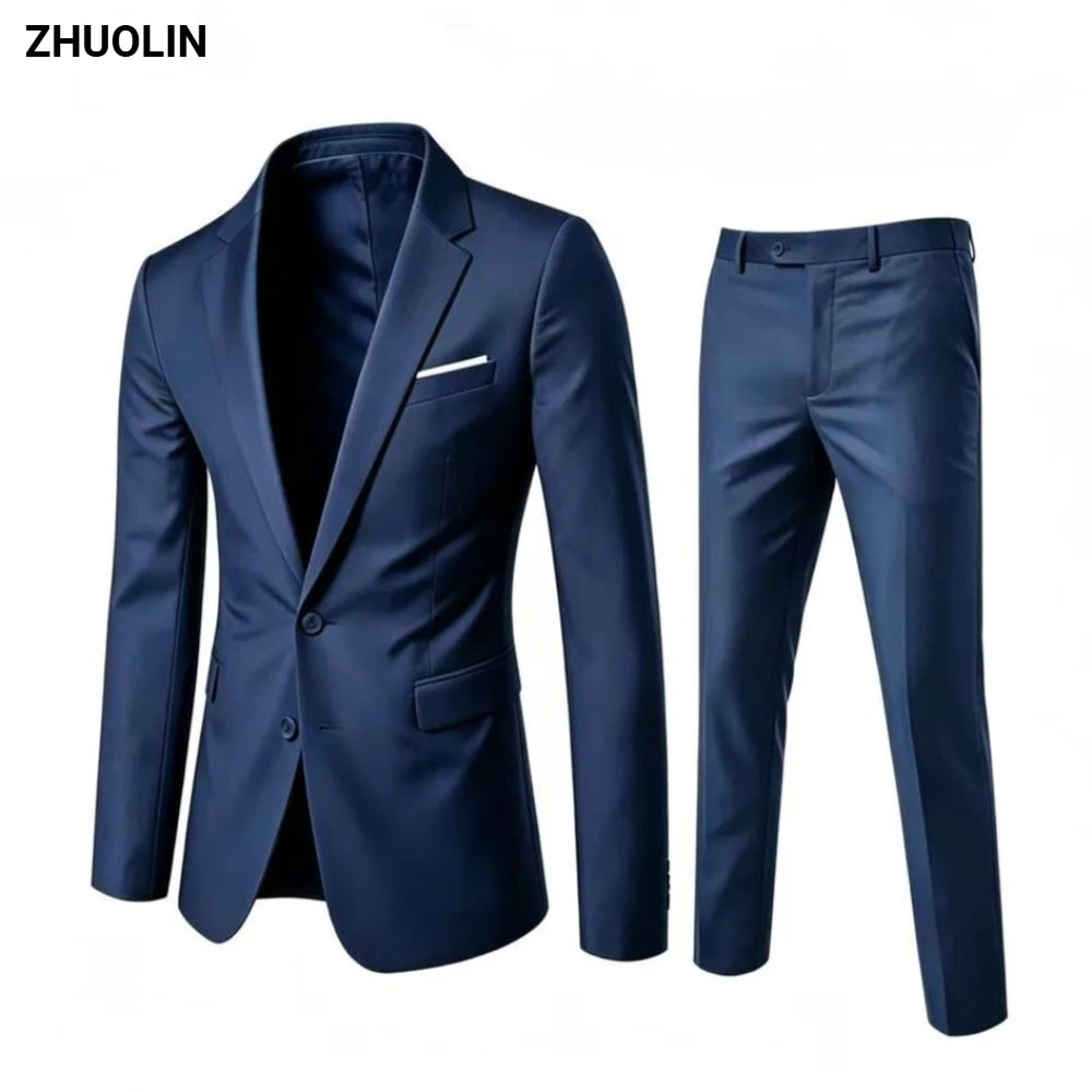 Men's 2 Piece Suit Set Elegant Solid Color Lightweight Blazer Pants Formal Business Dress Classic Tuxedo for Party Groomsmen