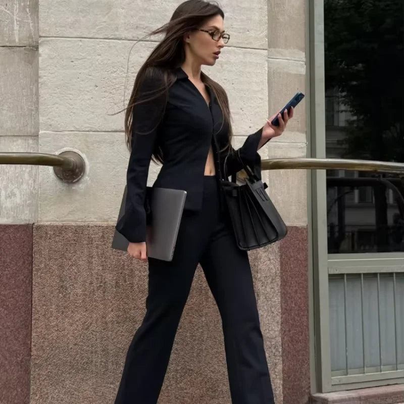 Black Business Suit For Women Commute Office Chic Hide Button High Waist Flared Pants Slim Fit Trim Autumn New Elegant Lady Sets