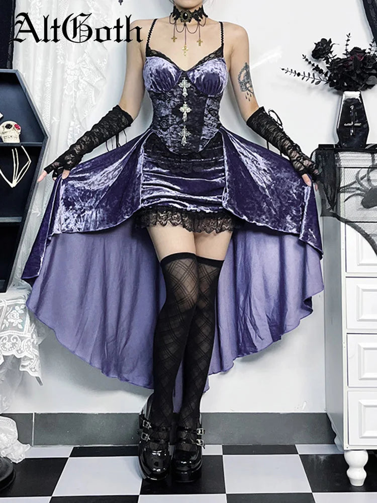 AltGoth Purple Lace-Detail Mini Dress