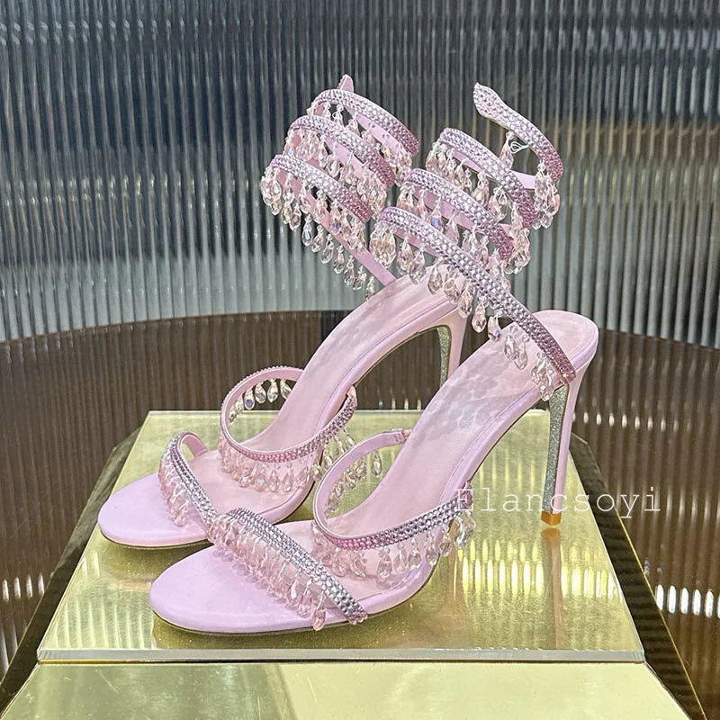 High Heels Sandals Women Shiny Crystal Pendant Ankle Snake Twine Around Prom Shoes Summer Fashion Stiletto Bohemian Sandalias