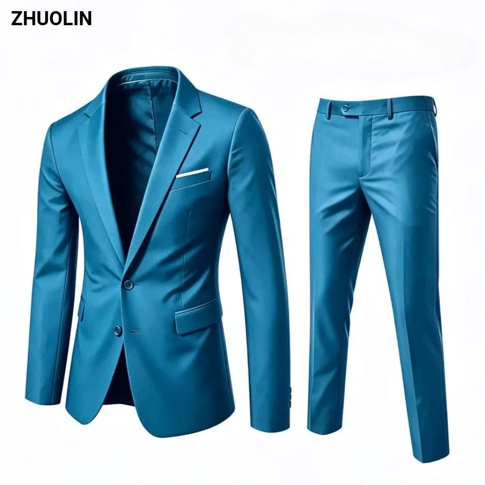 Men's 2 Piece Suit Set Elegant Solid Color Lightweight Blazer Pants Formal Business Dress Classic Tuxedo for Party Groomsmen