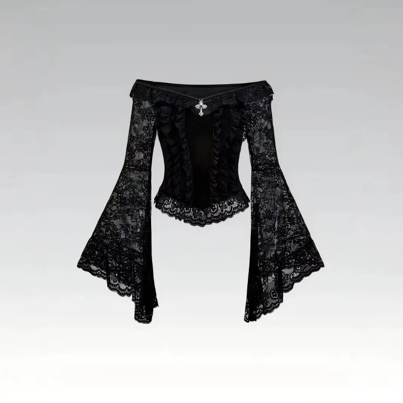 Gothic Vintage Black Lace Off Shoulder Crop Tops Women French Elegant Metal Decor Mesh Slim Blouse Punk Y2K Ruffle Shirt New