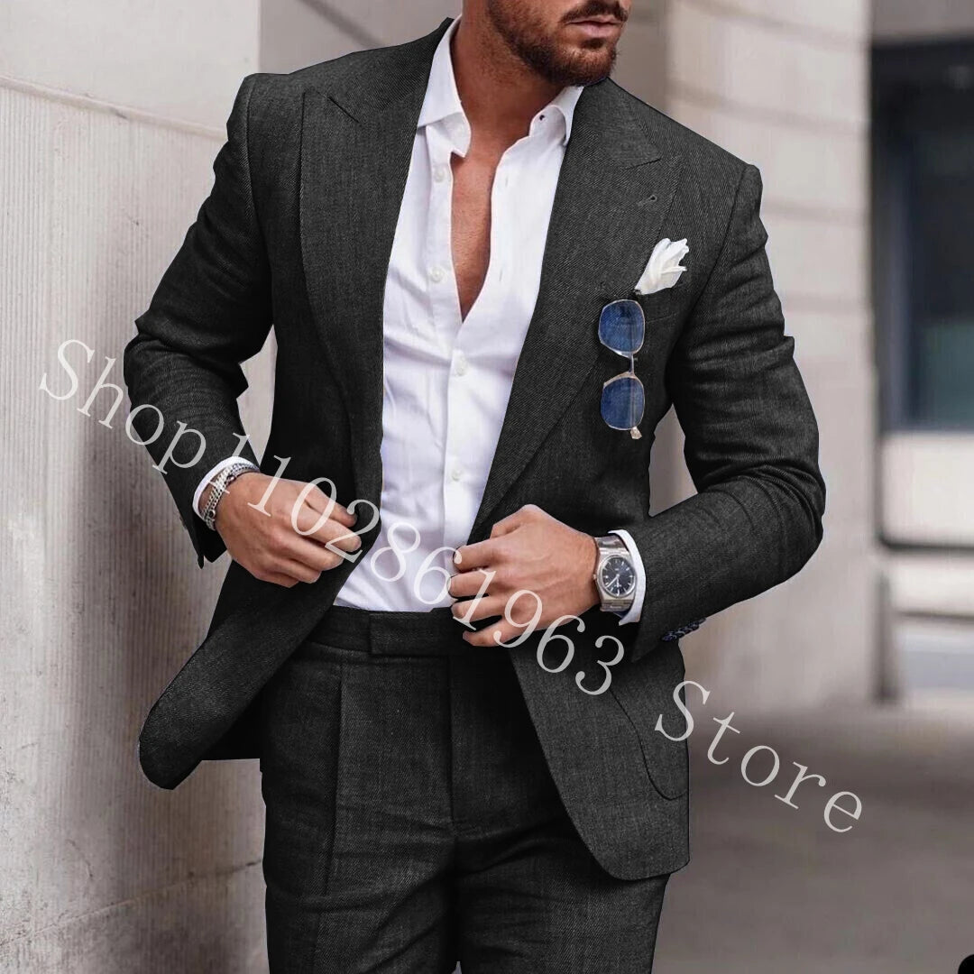 2023 White Linen Suits For Men Slim Fit Peak Lapel 2 Pieces Best Men Groom Wear Wedding Tuxedos Blazer+Pants Trajes De Hombre