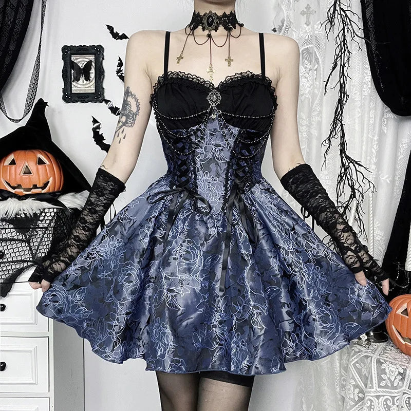 Gothic Lolita 2 Piece Outfit for Women Victorian Corset Lace Mini Dress with Lace Stand Collar Puff Sleeve Bolero Shrug Dark