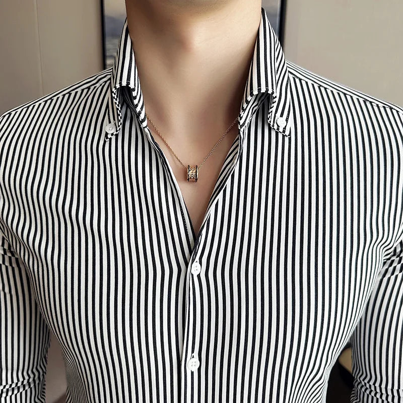 Camisas De Hombre High Quality Men's Social Shirts Slim Fit Korean Luxury Clothing Simple Long Sleeve Striped Shirts For Men