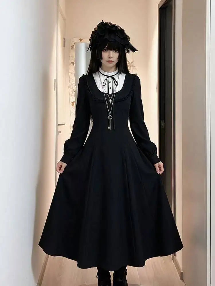 Gothic Vintage Midi Dress Women Party Kawaii Lolita Bow Dresses New Harajuku Lace Patchwork dress Vestidos
