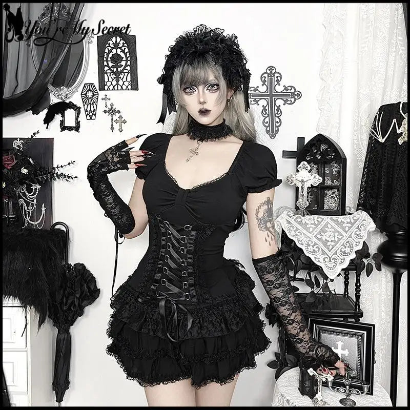 Gothic Puff Short Sleeve Corset Top Women Square Neck Lace Trim Bandage Waist Cincher Shirt Dark Punk Vintage Lolita Blouse