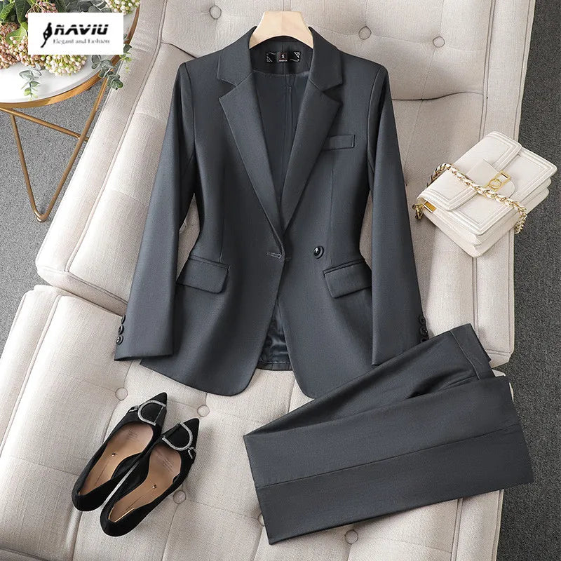 NAVIU Gray Suits Women New Autumn Fashion Temerament Professional Long Sleeve Slim Blazer And Pants Sets Office Lady Work Wear