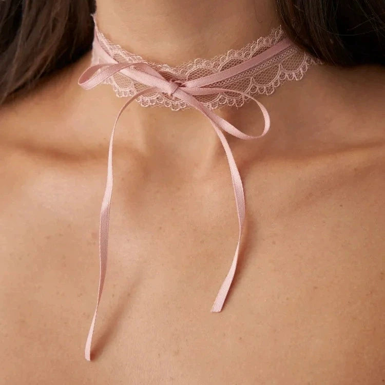 Gothic Aesthetic Vintage Cute Bowknot Heart Pink Lace Choker Necklace For Women Y2K Party Jewelry Accessories Gift