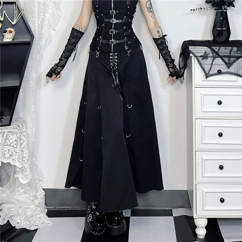 Goth Dark Acubi Fashion Black Swing A-line Skirt Punk Grunge Metal Buckle Streetwear Women Bandage Skirts Mall Gothic Alt Cloth