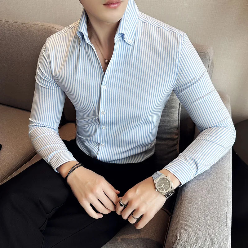 Camisas De Hombre High Quality Men's Social Shirts Slim Fit Korean Luxury Clothing Simple Long Sleeve Striped Shirts For Men