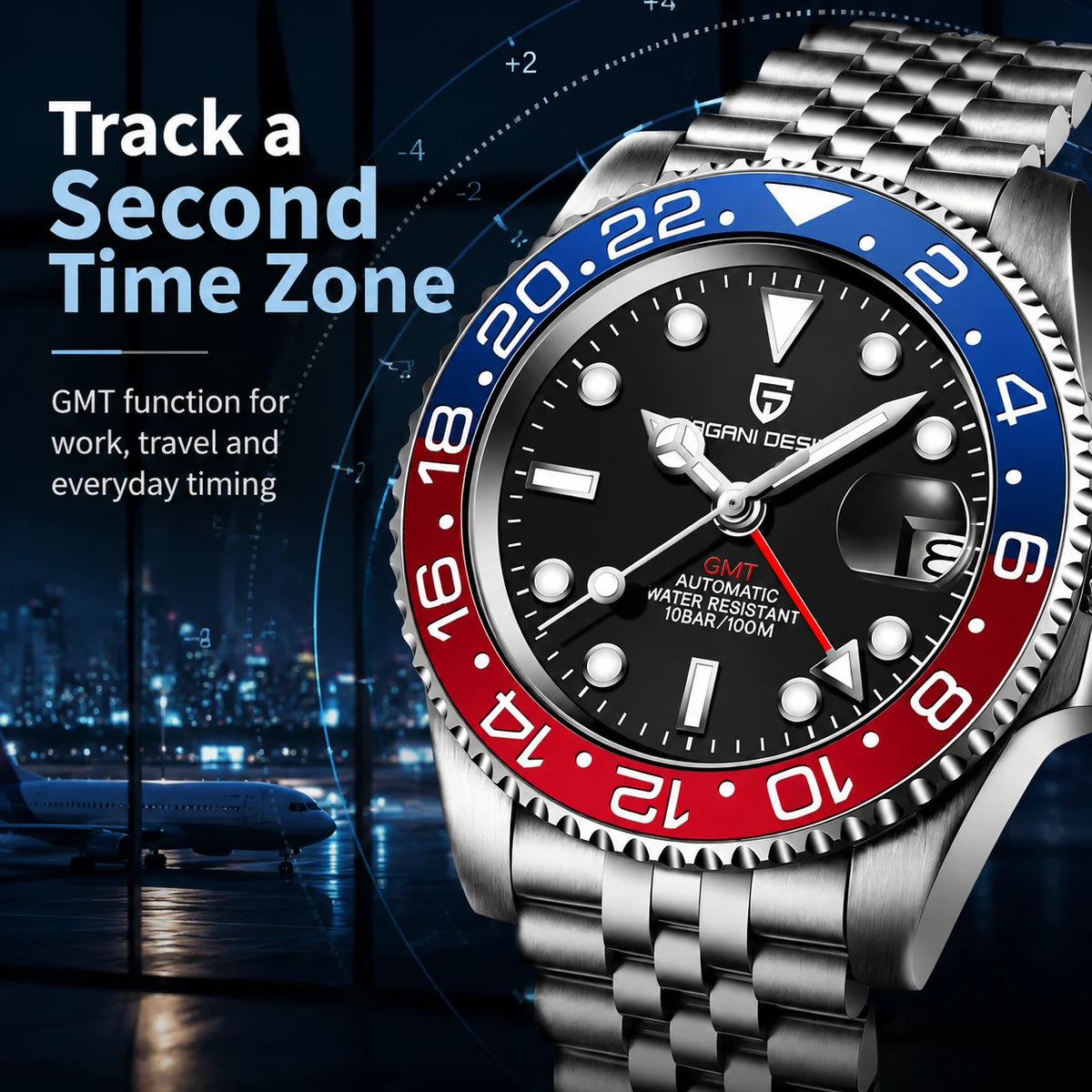PAGANI DESIGN 40mm Luxury GMT Men Mechanical Watch Top Sapphire Glass 361L Stainless Steel 100m Waterproof Men's Automatic Mechanical Watches