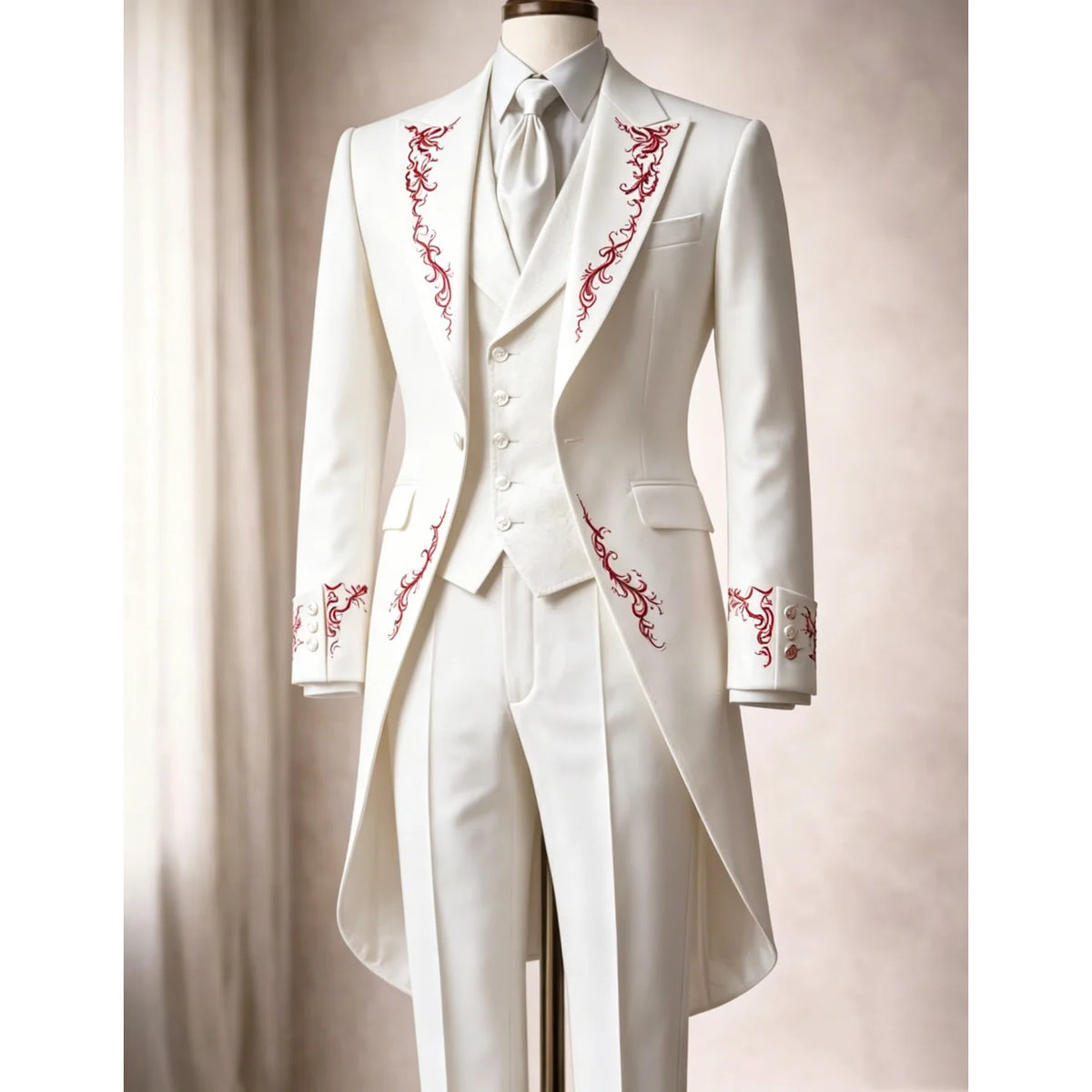 Black Tailcoat Tuxedo 3-Piece Suit with Red Embroidery Gothic Victorian Style Formal Wedding Prom Party Groom Outfit Customized