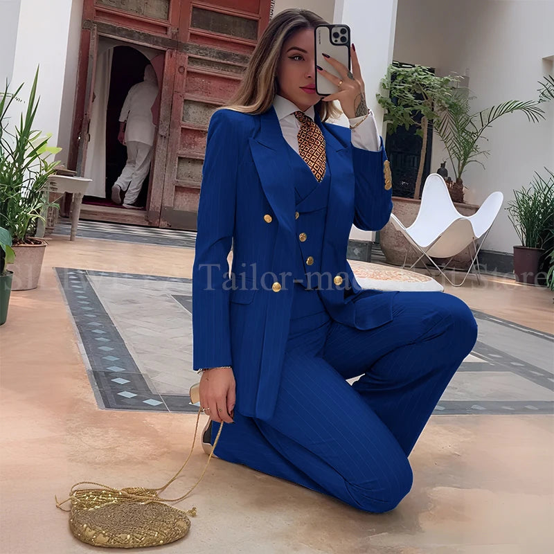 Luxury Green Striped Women Suit Double Breasted 3 Piece Jacket Vest Pants Female Clothing Slim Fit Formal Office Lady Blazer Set