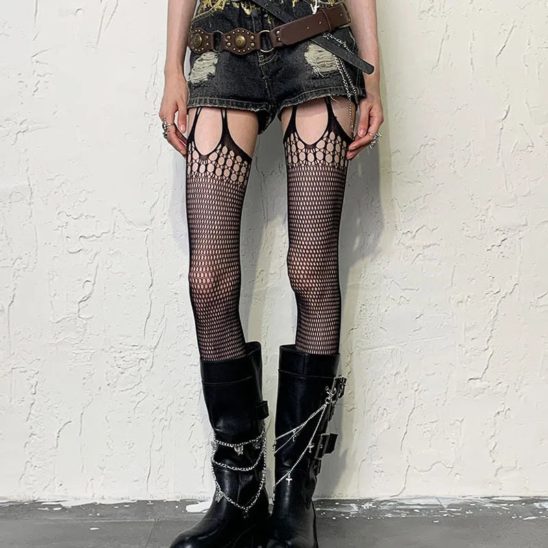 Gothic Girls Fishnet Stockings with Belt Set Punk Goth Harajuku Women Sexy Mesh Bottomed Pantyhose Open Crotch Thigh High Socks