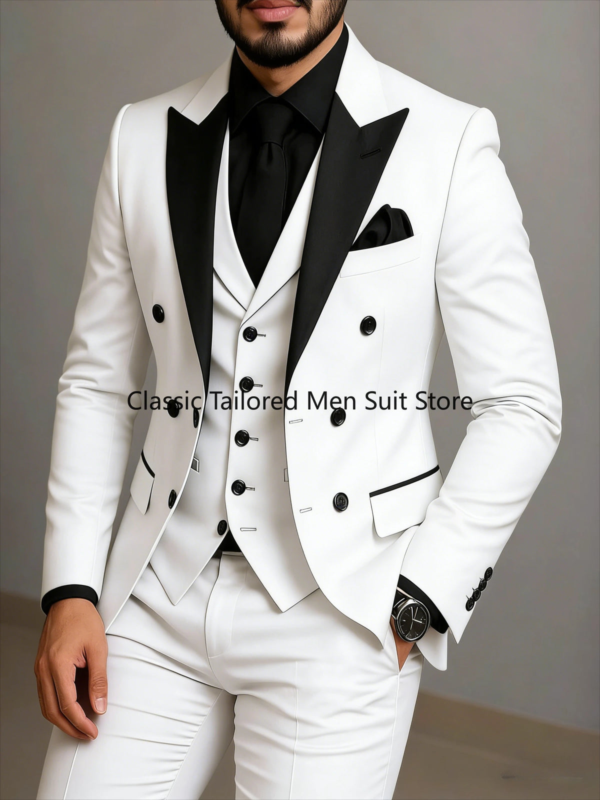 Beige Double Breasted Suit  Black Lapel  Slim Fit Wedding Suit