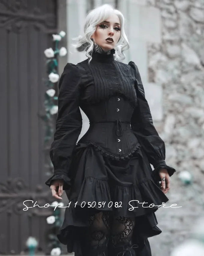 Gothic Victorian Prom Dress Black Lace Long Sleeve High Neck Ruffle Hi-Lo Evening Gown Dark Witch Cosplay Costume Customized