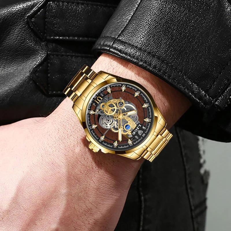 2026 LIGE Men Watch Skeleton Automatic Quartz Watch Gold Skeleton Vintage Man Watch Mens Watches Top Brand Luxury часы мужские
