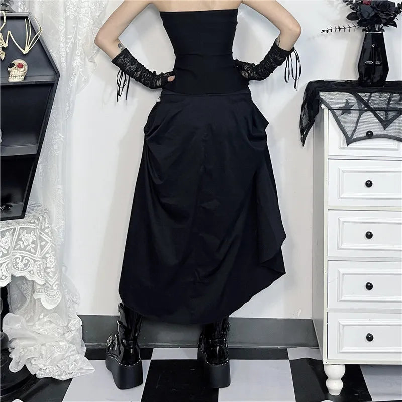 Goth Dark Acubi Fashion Black Swing A-line Skirt Punk Grunge Metal Buckle Streetwear Women Bandage Skirts Mall Gothic Alt Cloth