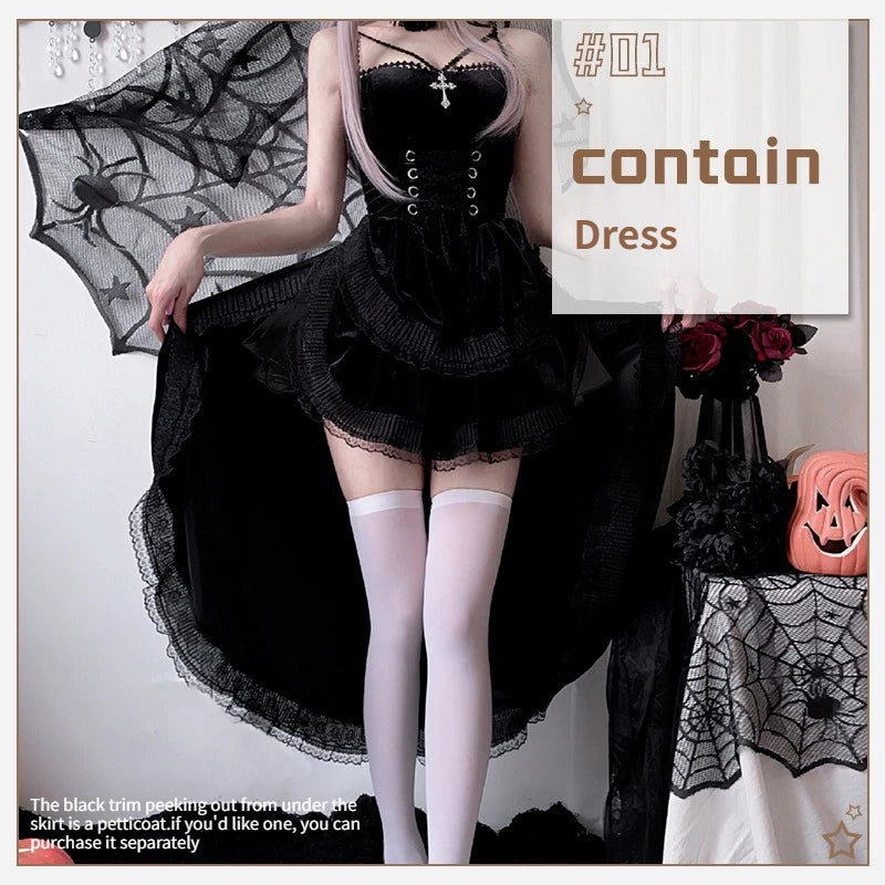 Gothic Witch Costume Y2K Aesthetic Victorian Vampire Bride Dress for Women Vintage Long Tail Cosplay Costume Halloween Party