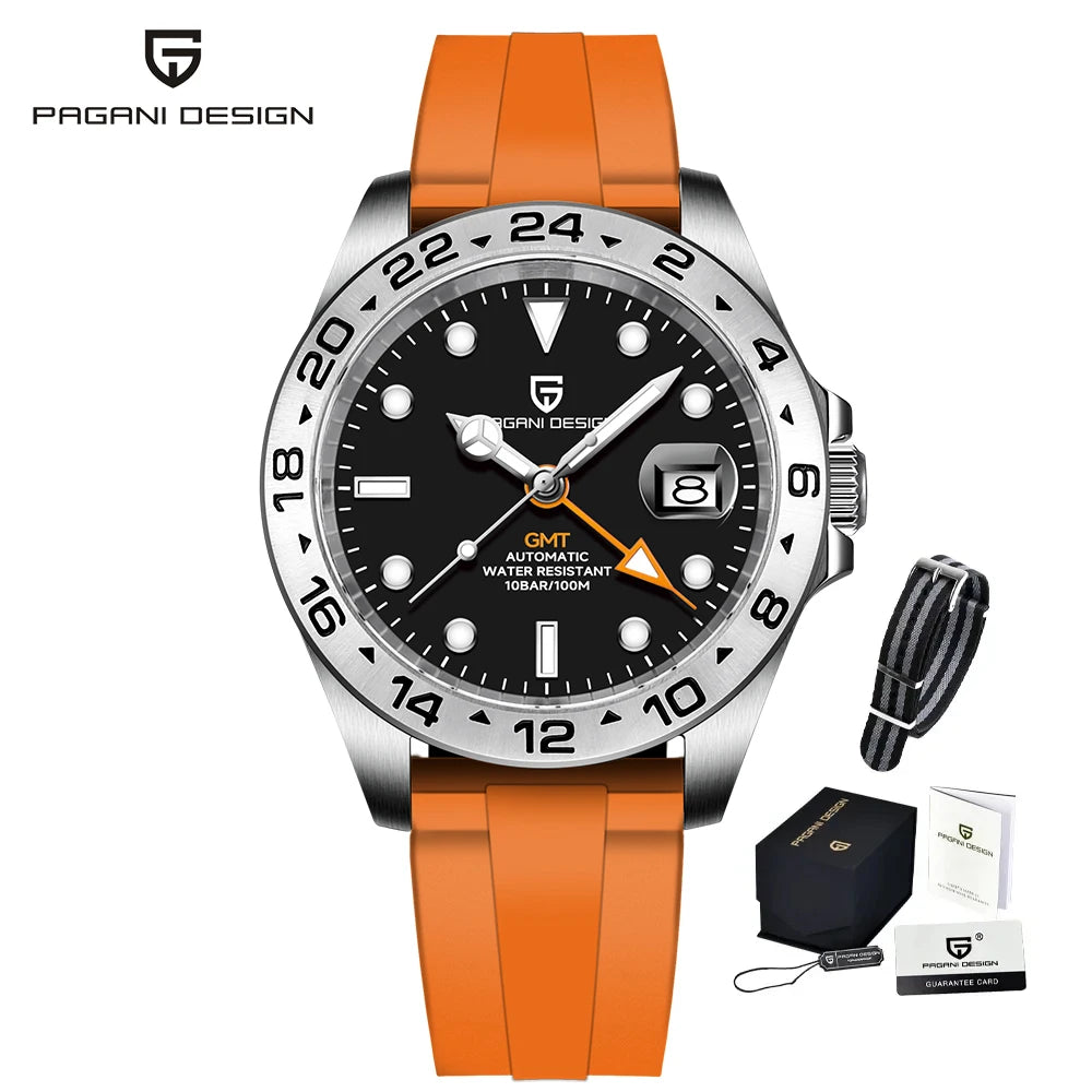PAGANI DESIGN Automatic GMT Watch DG5833GMT Movement Rubber Strap 100M Waterproof Luminous Men Sports Mechanical Wristwatch