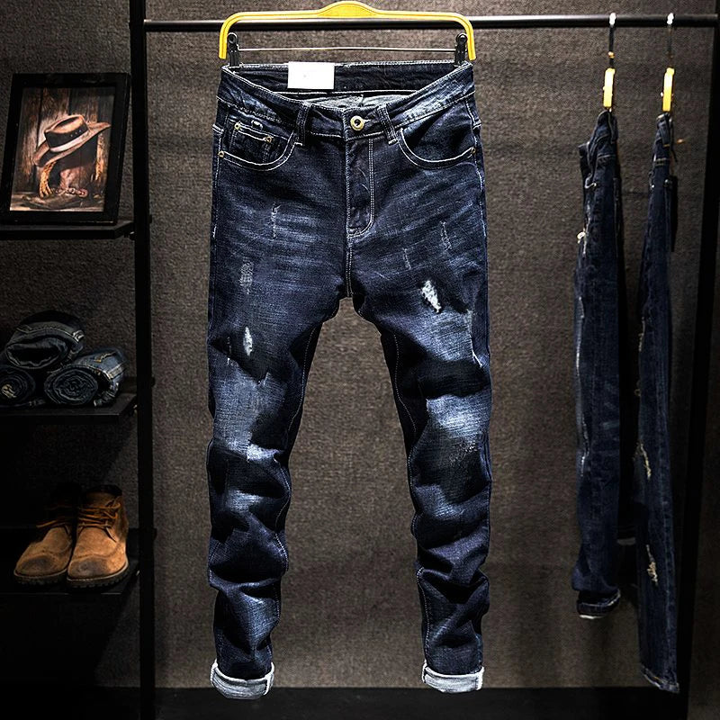 American Elastic Straight Jeans Men Ripped Worn-out Slim-fit Cotton Denim Pants Korean Style Fashion Trousers Men's Clothing
