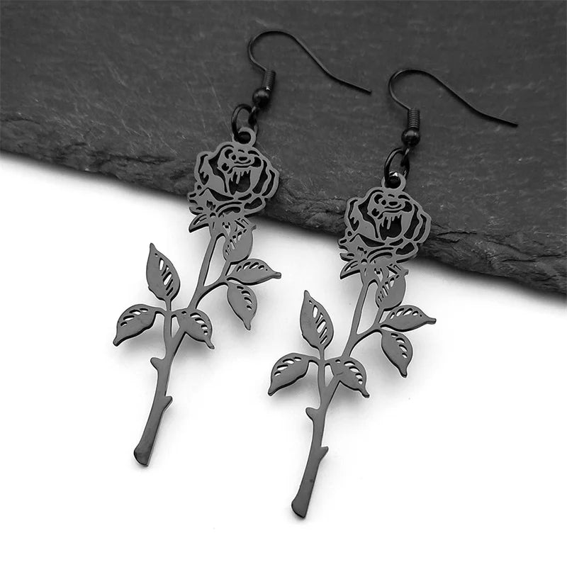Gothic Rose Flower Long Hoop Earrings For Women Men Stainless Steel Black Silver Color Plant Earring Couple Jewelry Gift
