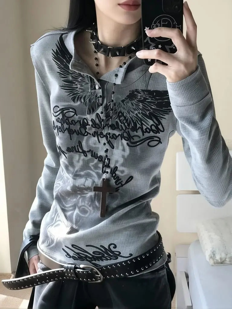 Henley Collar Y2k T Shirts Women Vintage Streetwear American Long Sleeve Top Graphic Basic Slim Fit T Shirt Autumn