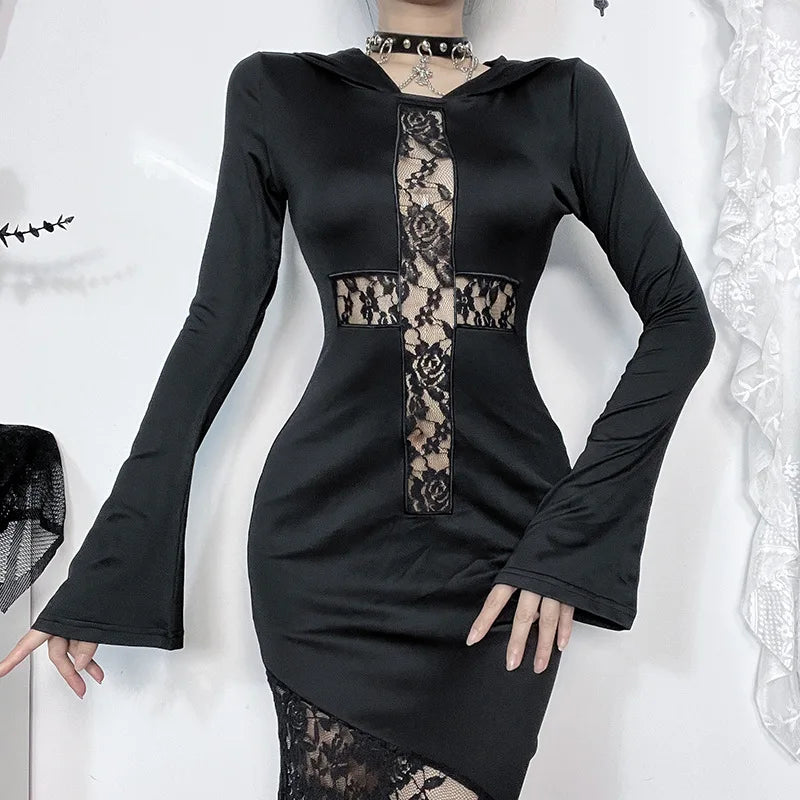 Goth Dark Elegant Fashion Women Hooded Dress Mall Gothic Cross Hollow Out Lace Spliced Partywear Acubi Sexy Bodycon Dresses Slim