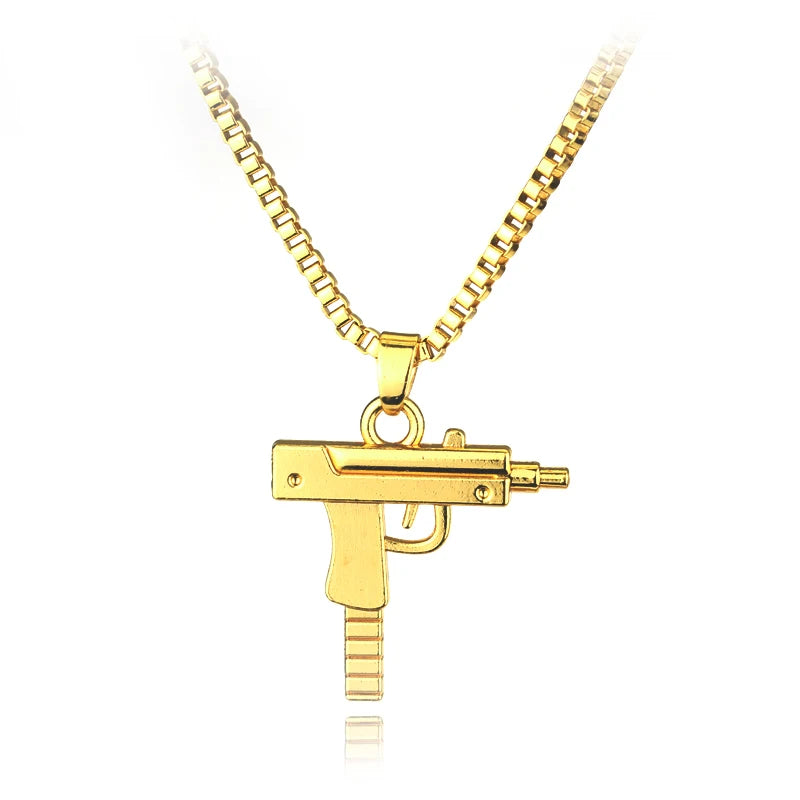 Gothic Gun Shaped Pendant Necklace Trendy Male Punk Hip Hop Chain Jewelry for Women Men Club Bar Party Accessory