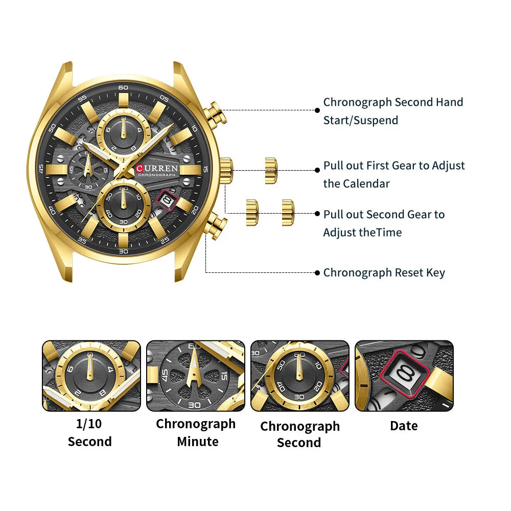 CURREN Men's Chronograph Watch Sport Wristwatch for Men Fashion Design Dial with Date Stainless Steel Band Relogio Masculino