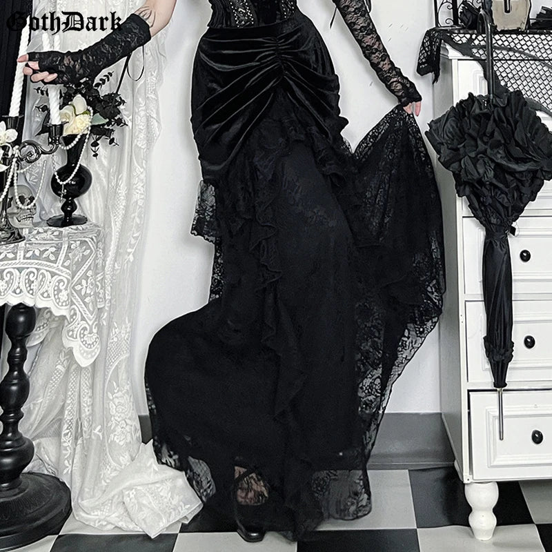 Goth Dark Lace Trim Velvet Maxi Skirts Bottoms Mall Goth Party Halloween Gown Ball Skirts Women Cosplay Lolita Dresses Outfits