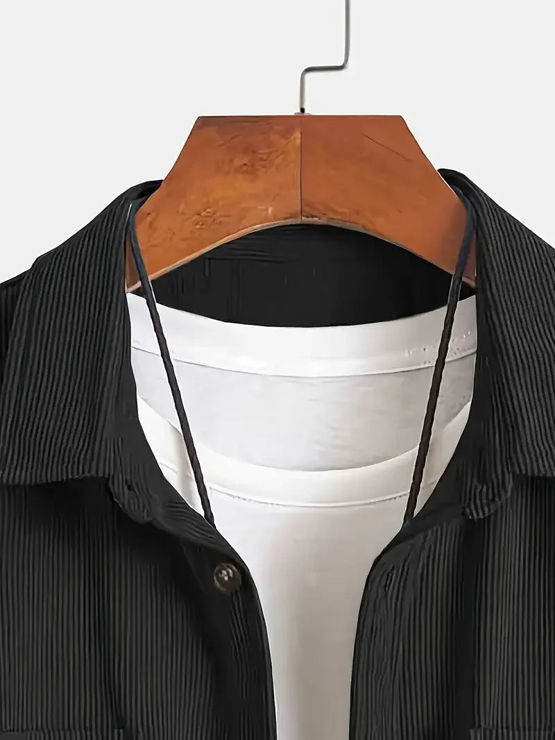 Men's Corduroy Long Sleeve Button Down Shirt, Turn Down Collar Chest Pocket Casual Vintage Streetwear Tops