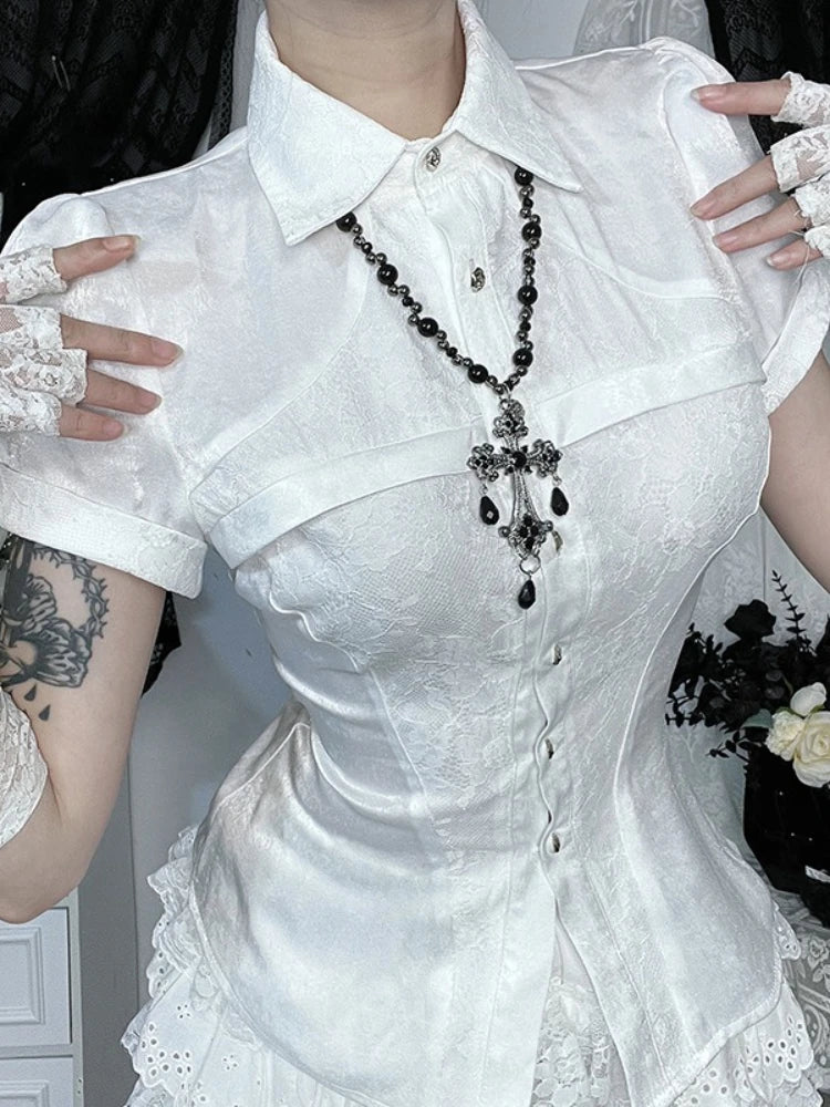 AltGoth Fairycore Grunge Gothic Shirt Women Aesthetic Vintage Cosplay Lace Patchwork Short Sleeve Blouse Kawaii Lolita Clothes