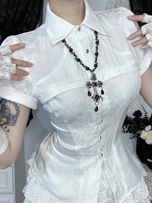 AltGoth Fairycore Grunge Gothic Shirt Women Aesthetic Vintage Cosplay Lace Patchwork Short Sleeve Blouse Kawaii Lolita Clothes
