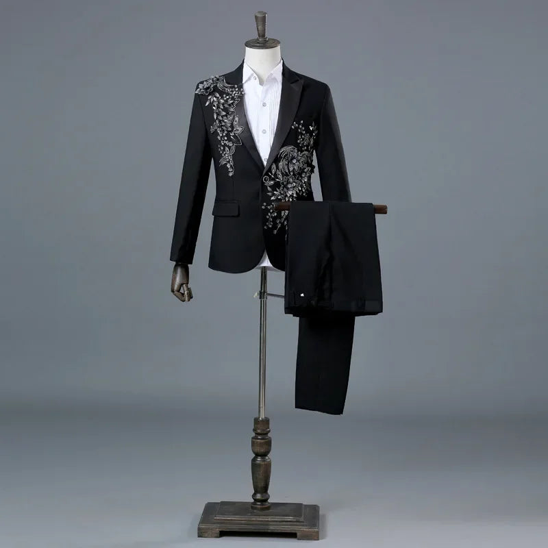 Men’s Black Suit with Silver Floral Embroidery | 2-Piece
