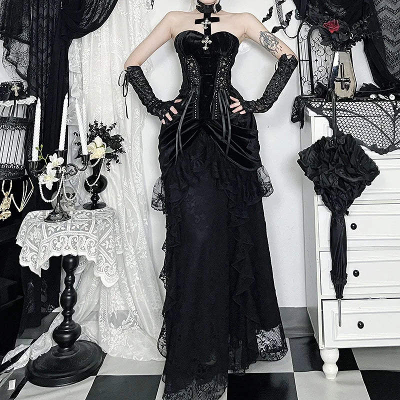 Goth Dark Lace Trim Velvet Maxi Skirts Bottoms Mall Goth Party Halloween Gown Ball Skirts Women Cosplay Lolita Dresses Outfits