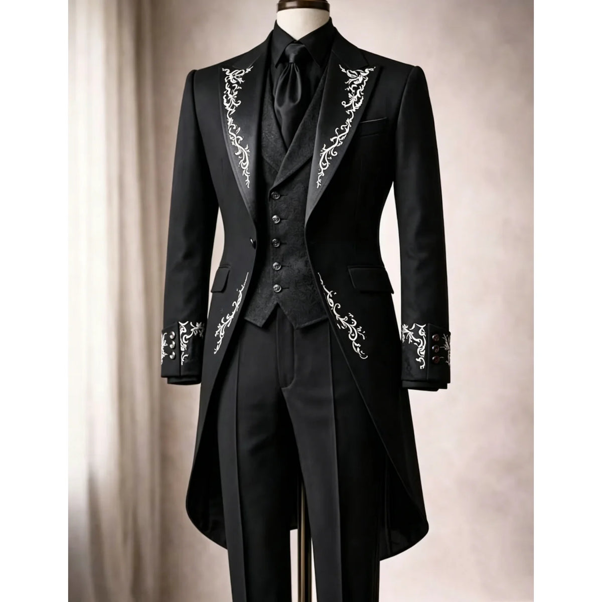 Black Tailcoat Tuxedo 3-Piece Suit with Red Embroidery Gothic Victorian Style Formal Wedding Prom Party Groom Outfit Customized