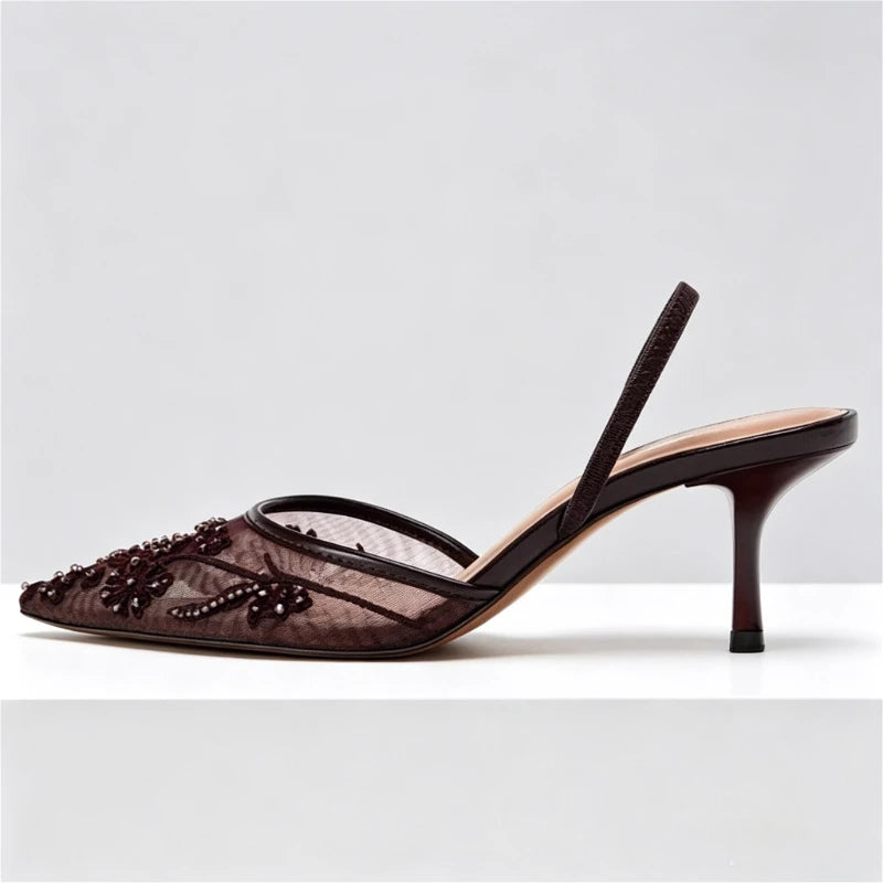 Brown String Bead Mesh Embroider Slingback High Heels Women Sexy Pointed Toe Heeled Sandals Summer Elegant Luxury Designer Shoes