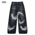 UP.THE Men Black Faded Baggy Wide Leg Jeans, Y2K Oversized Loose White Centipede Skeleton Print Denim Pants, Gothic Grunge Streetwear Trousers for Daily Outfits