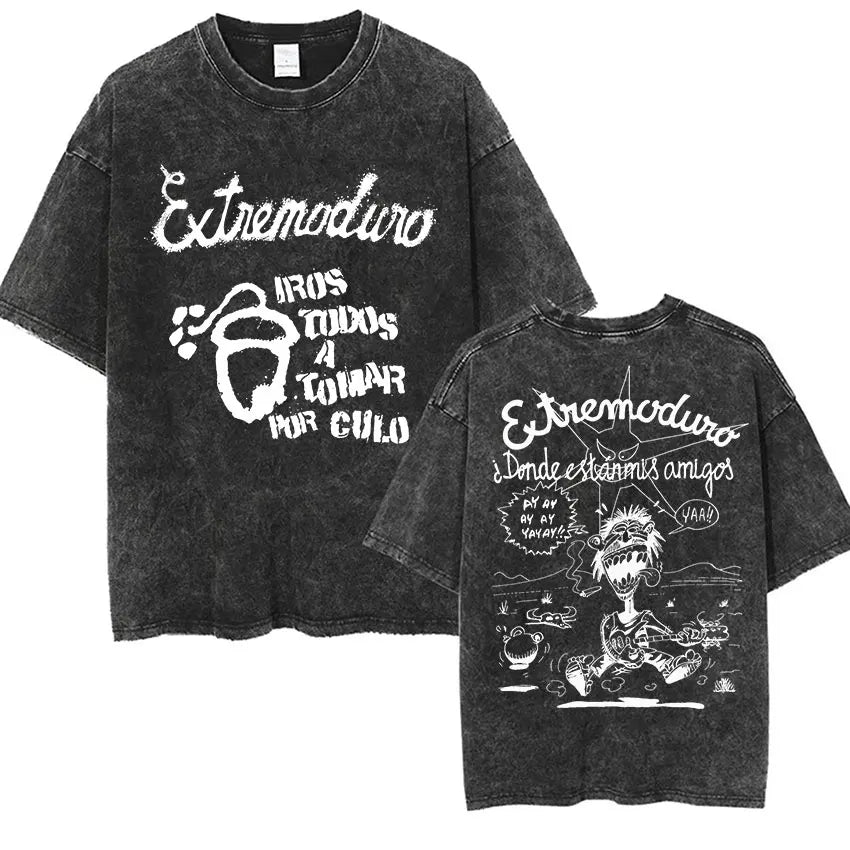 Men's Rock Extremoduro Vintage Washed T Shirts Man Punk Gothic Fashion Short Sleeve T-Shirt Unisex Hip Hop Band Clothing Tshirt