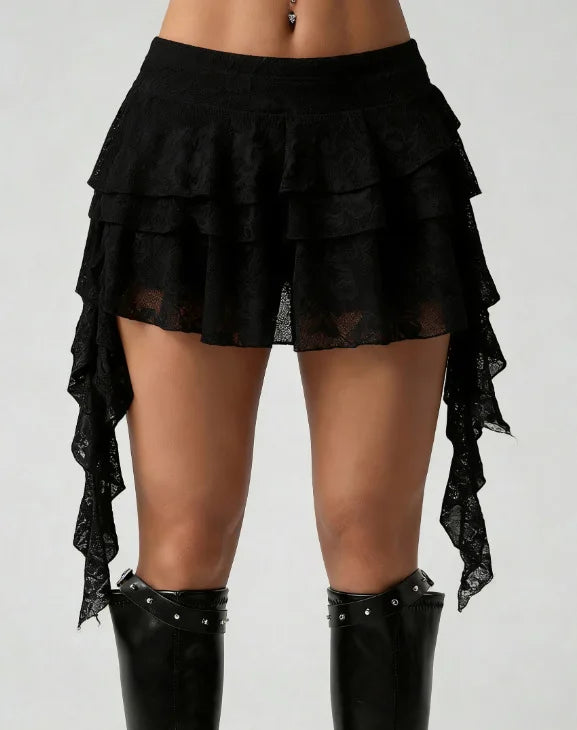 Y2K Mini Skirt Multi-Layer Lace Tiered Micro-Skirt Gothic Japanese Schoolgirl Lolita Side-Tie Ruffled Low-Waisted Girly Skirt