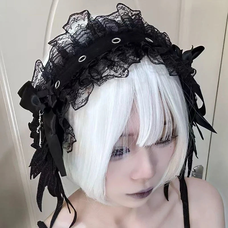 Gothic Lolita Angel Wings Headband Wide Ruffle Lace Cosplay Headwear New White Black Lace Flounce Fold Bowknot Hair Accessories