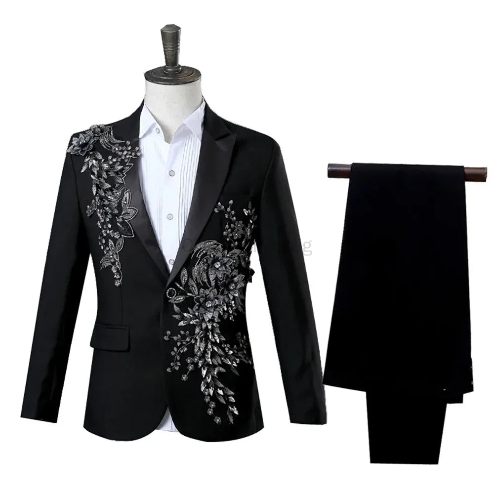 Men’s Black Suit with Silver Floral Embroidery | 2-Piece