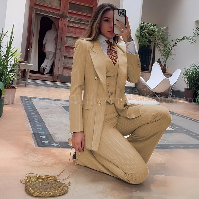 Luxury Green Striped Women Suit Double Breasted 3 Piece Jacket Vest Pants Female Clothing Slim Fit Formal Office Lady Blazer Set