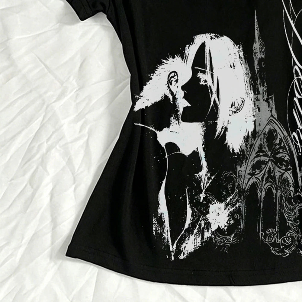 Japanese Y2k Kitty Women's V-neck 2000s Top Emo Women's T-shirt Gothic Pattern T-shirt Y2k Women's Top